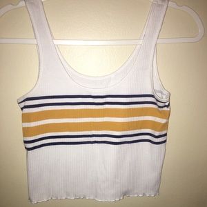 Cute white with blue and orange/yellow stripes.